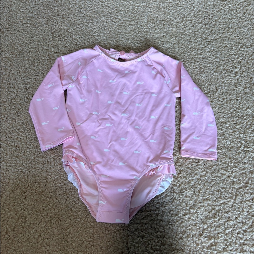Vineyard Vines Pink Long Sleeve Baby One-Piece Swimsuit with Whale Print